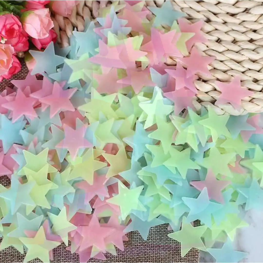 Pura Bazaar Sub Milain Ga Pack of 100 3D Stars Glow In The Dark Wall Stickers Luminous Fluorescent Wall Stickers For Kids Baby Room Bedroom Ceiling Home ( Made in China )